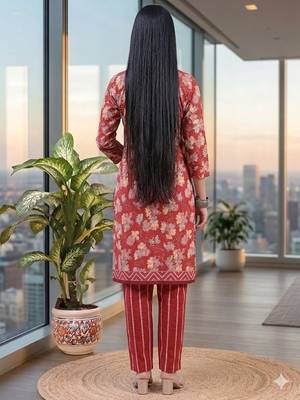 Red printed cotton blend stitched floral print salwar kurta dupatta for women 3