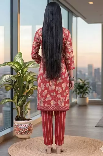 Red printed cotton blend stitched floral print salwar kurta dupatta for women