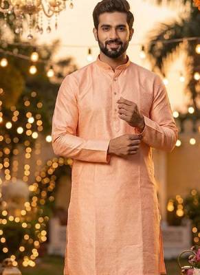 Peach silk jecquard party wear kurta and payjama 2