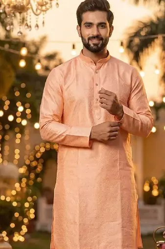 Peach silk jecquard party wear kurta and payjama