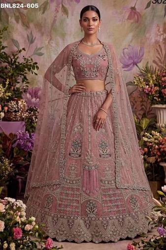 Onion pink net embroidered designer lehenga choli set