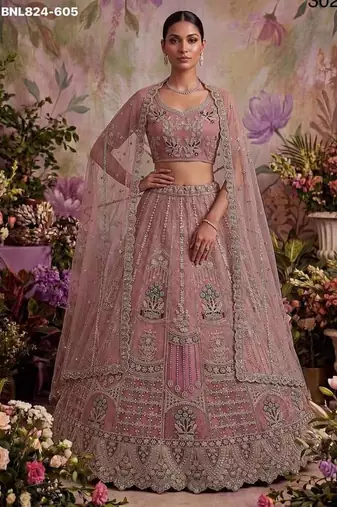 Onion pink net embroidered designer lehenga choli set