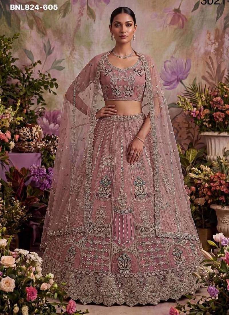 Onion pink net embroidered designer lehenga choli set