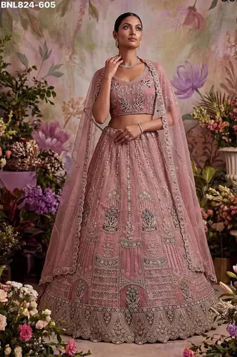 Onion pink net embroidered designer lehenga choli set