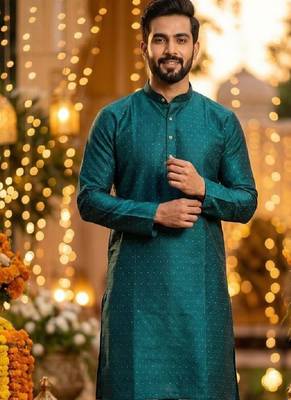 Green silk jecquard party wear kurta and payjama 2