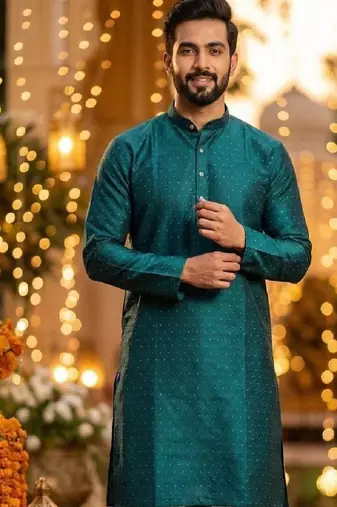 Green silk jecquard party wear kurta and payjama