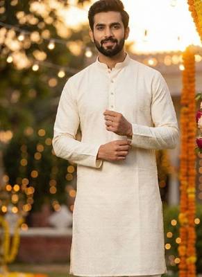 White silk jecquard party wear kurta and payjama 2