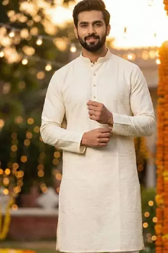 White silk jecquard party wear kurta and payjama