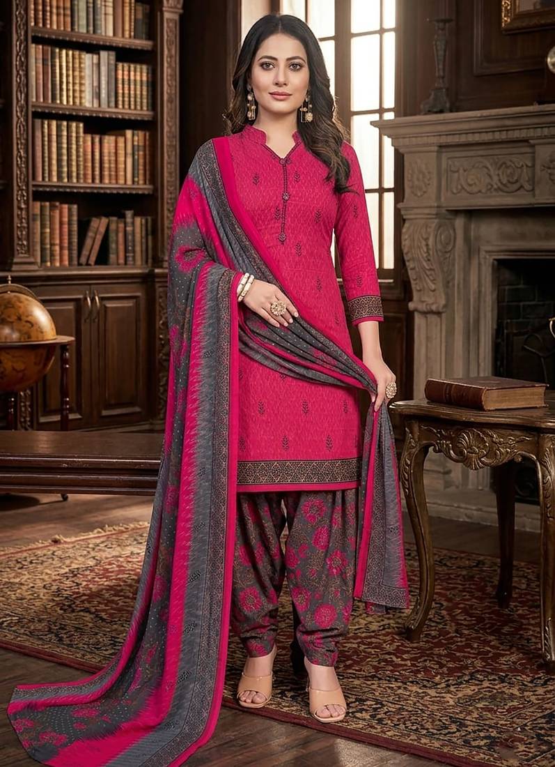 Pink printed cotton blend stitched floral print salwar kurta dupatta for women