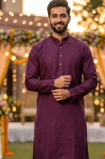 Wine silk jecquard party wear kurta and payjama