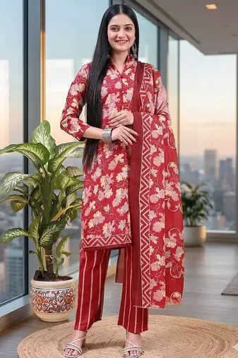 Red printed cotton blend stitched floral print salwar kurta dupatta for women