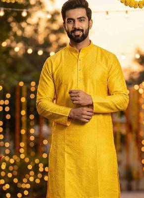 Yellow silk jecquard party wear kurta and payjama 2