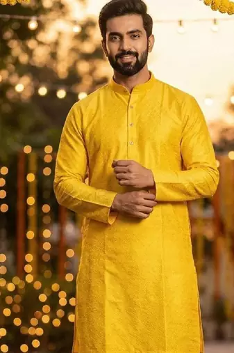 Yellow silk jecquard party wear kurta and payjama
