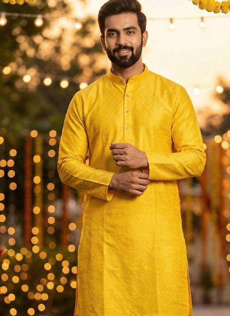 Yellow silk jecquard party wear kurta and payjama