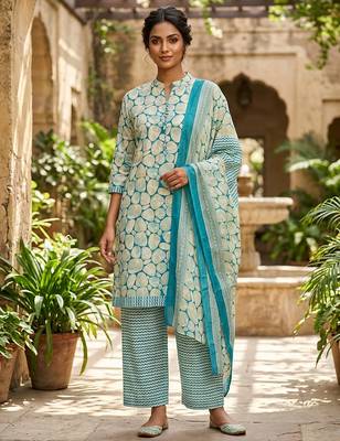 Blue printed cotton blend stitched geometric print salwar kurta dupatta for women 1