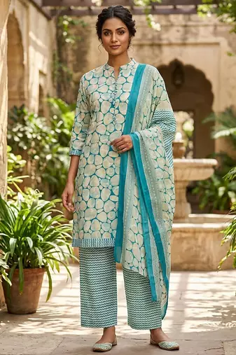 Blue printed cotton blend stitched geometric print salwar kurta dupatta for women