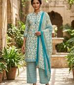 Blue printed cotton blend stitched geometric print salwar kurta dupatta for women