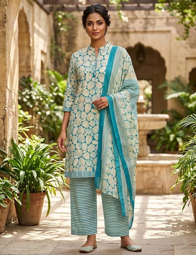 Blue printed cotton blend stitched geometric print salwar kurta dupatta for women