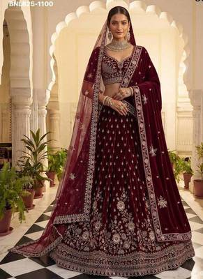 Maroon velvet embroidered heavy bridal lehenga choli set 1