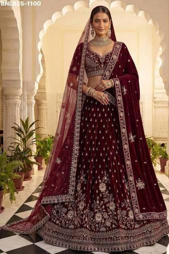 Maroon velvet embroidered heavy bridal lehenga choli set