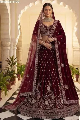 Maroon velvet embroidered heavy bridal lehenga choli set