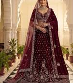 Maroon velvet embroidered heavy bridal lehenga choli set
