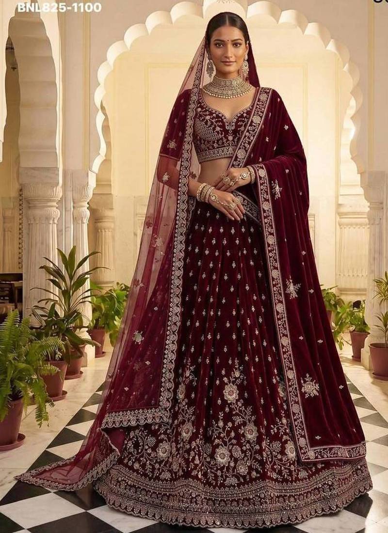Maroon velvet embroidered heavy bridal lehenga choli set
