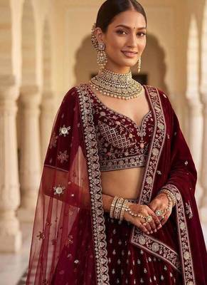 Maroon velvet embroidered heavy bridal lehenga choli set 2