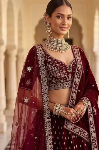 Maroon velvet embroidered heavy bridal lehenga choli set