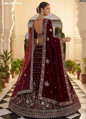 Maroon velvet embroidered heavy bridal lehenga choli set 3