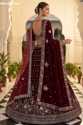 Maroon velvet embroidered heavy bridal lehenga choli set