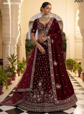 Maroon velvet embroidered heavy bridal lehenga choli set 4