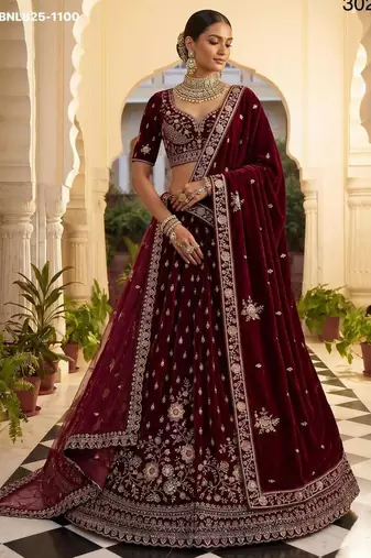 Maroon velvet embroidered heavy bridal lehenga choli set