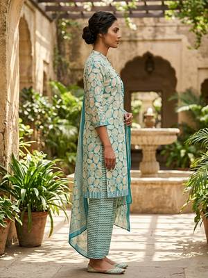 Blue printed cotton blend stitched geometric print salwar kurta dupatta for women 2