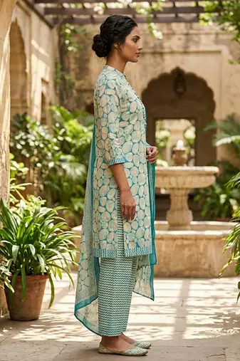 Blue printed cotton blend stitched geometric print salwar kurta dupatta for women