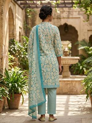 Blue printed cotton blend stitched geometric print salwar kurta dupatta for women 3