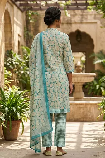 Blue printed cotton blend stitched geometric print salwar kurta dupatta for women