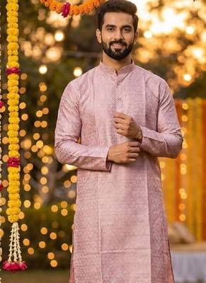 Lavender silk jecquard party wear kurta and payjama 2
