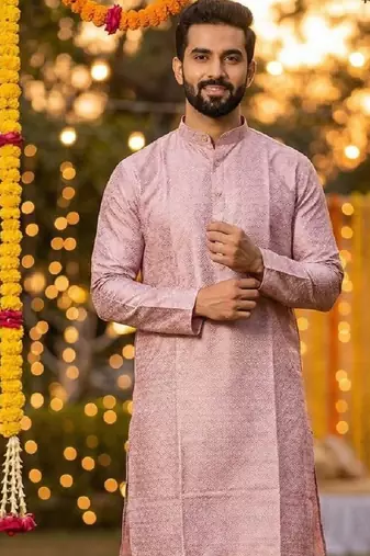 Lavender silk jecquard party wear kurta and payjama