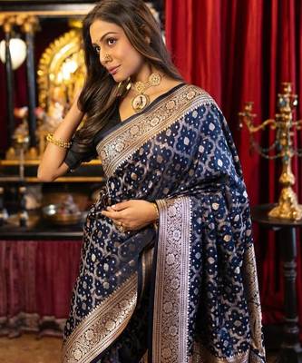trending woven banarasi silk blend women's saree with blouse 2