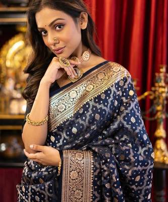 trending woven banarasi silk blend women's saree with blouse 3