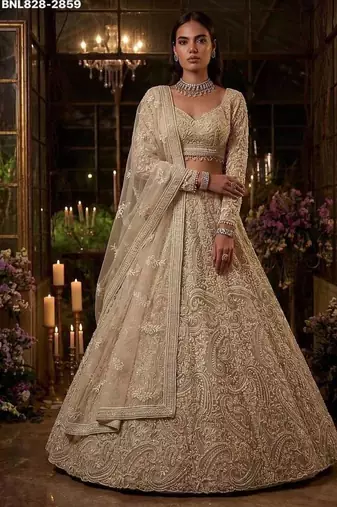 Beige net heavily embroidered bridal reception lehenga choli set