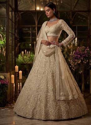 Beige net heavily embroidered bridal reception lehenga choli set 2