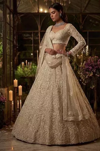Beige net heavily embroidered bridal reception lehenga choli set