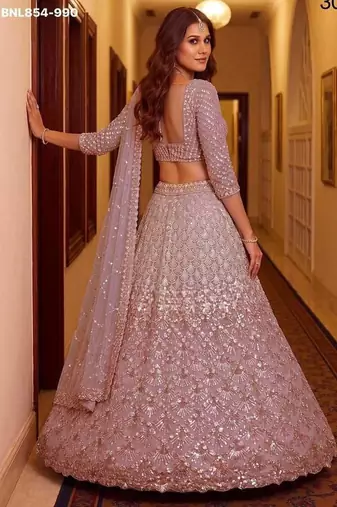 Onion pink net embroidered bridal reception lehenga choli set