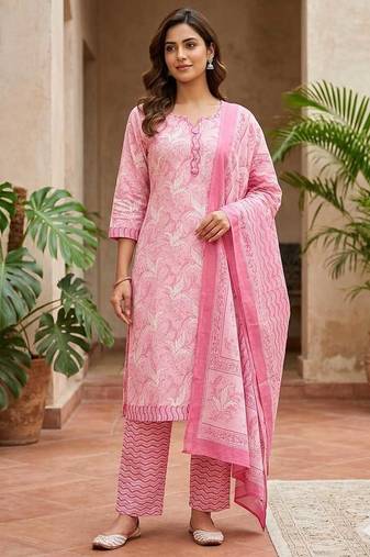 Pink printed cotton blend stitched floral print salwar kurta dupatta for women