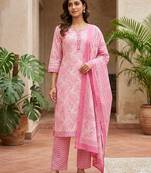 Pink printed cotton blend stitched floral print salwar kurta dupatta for women