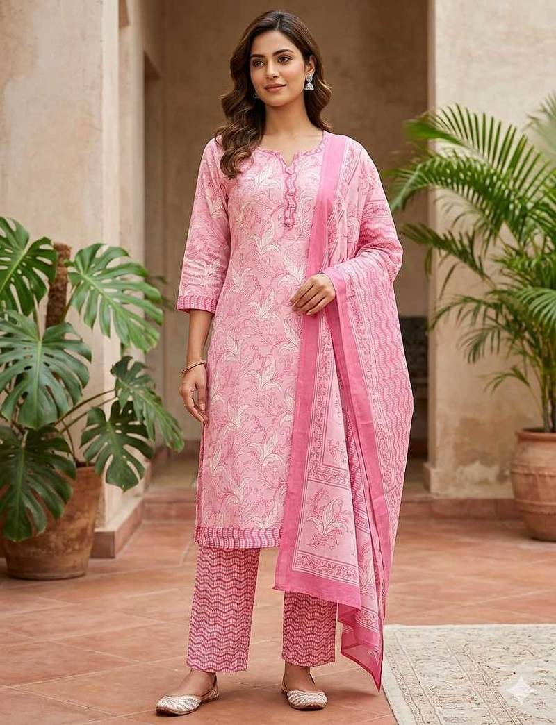 Pink printed cotton blend stitched floral print salwar kurta dupatta for women