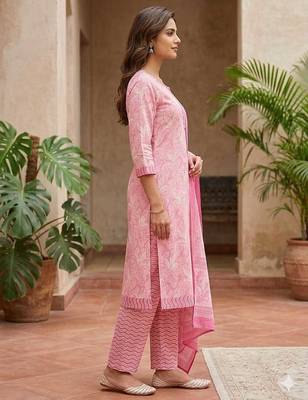 Pink printed cotton blend stitched floral print salwar kurta dupatta for women 2