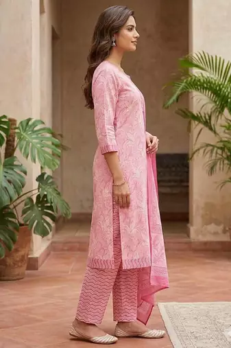Pink printed cotton blend stitched floral print salwar kurta dupatta for women
